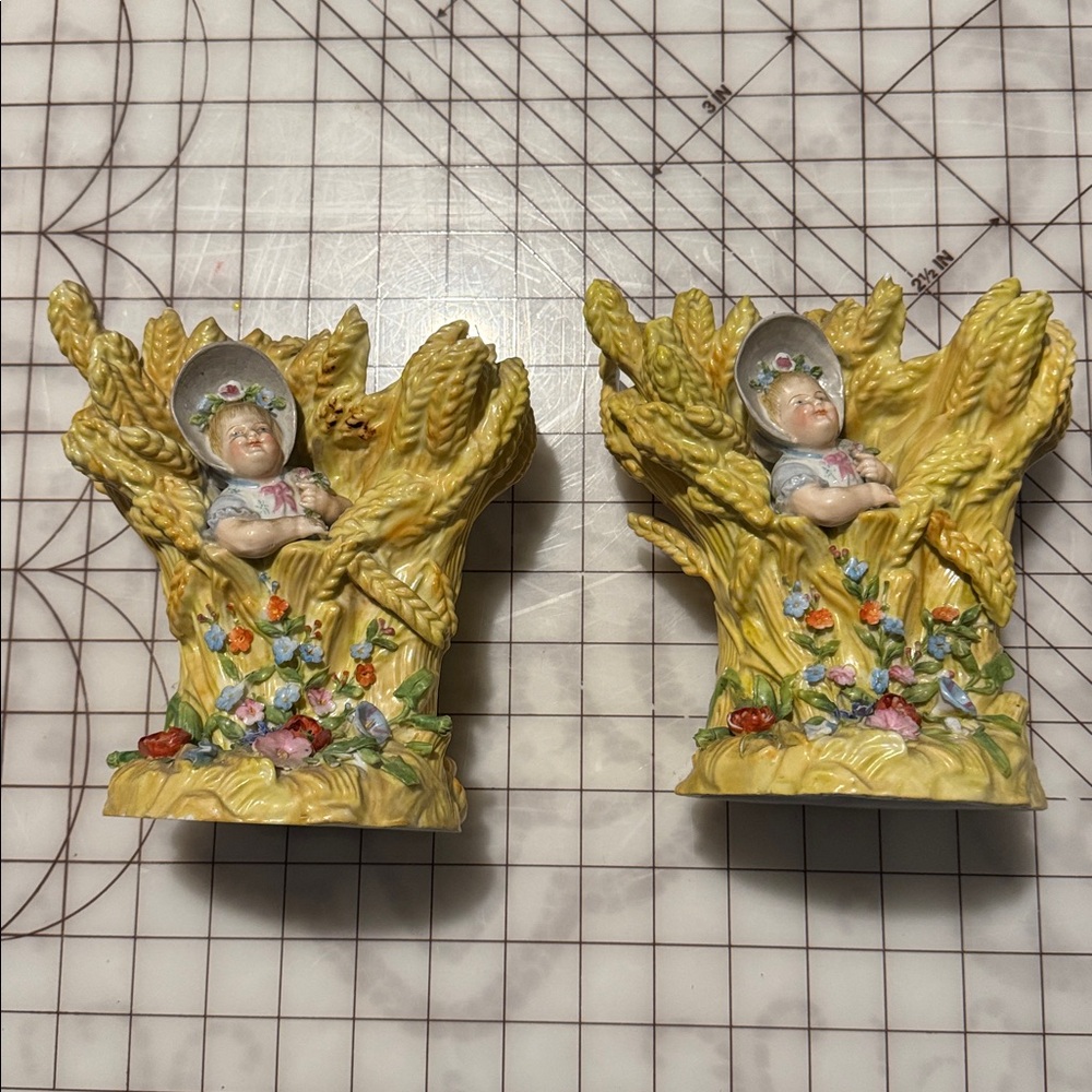 Lot of 2‎ Antique porcelain girl with flowers double vase  figure Germany